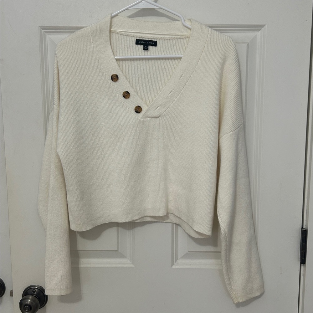 Kendall & Kylie Ribbed Knit v-neck sweater Top size small white cotton